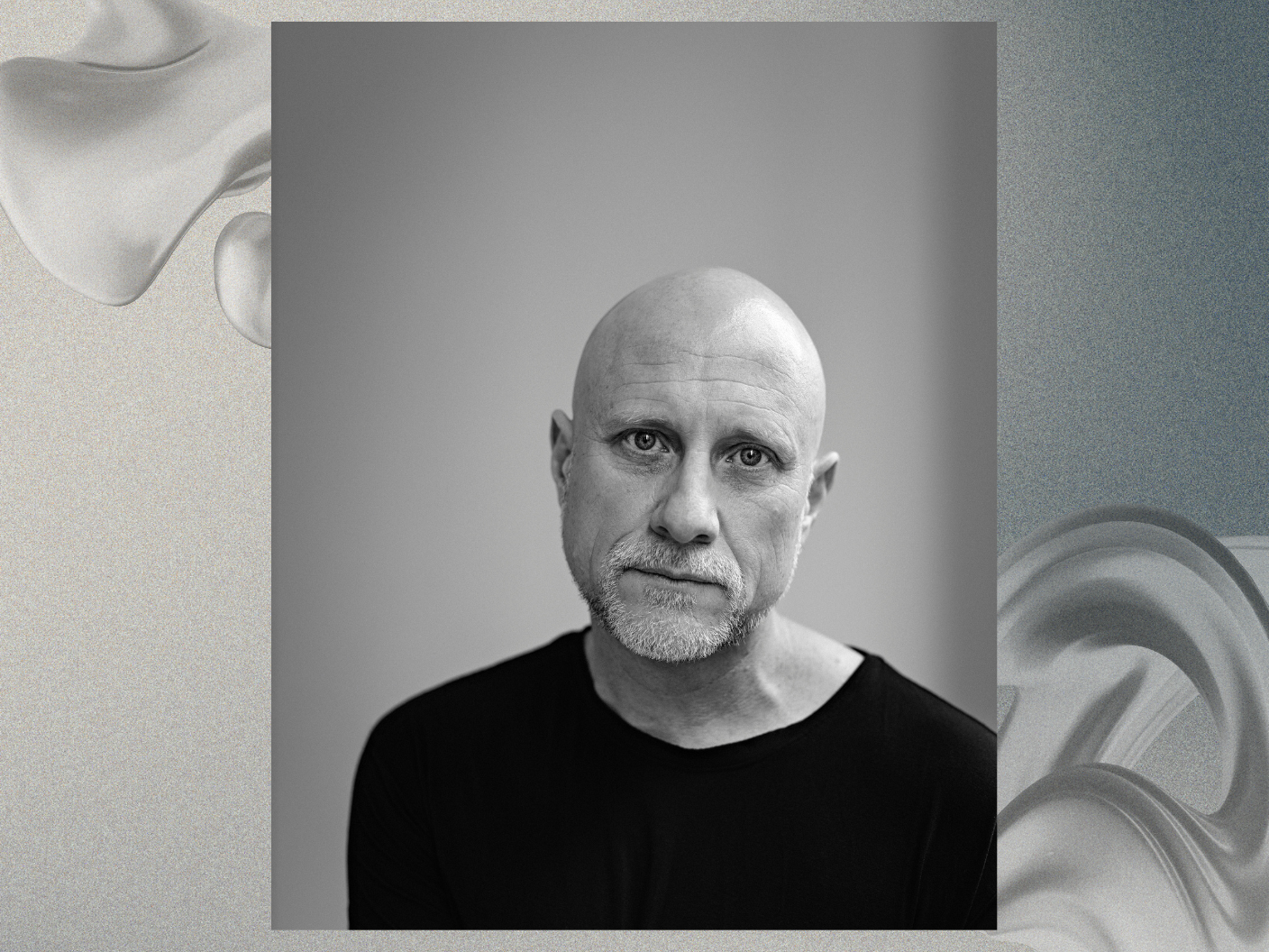 a black-and-white portrait of a bold white-skinned person with a thoughtful expression, closely cropped, wearing a dark top. Photo is on graphic gray background.